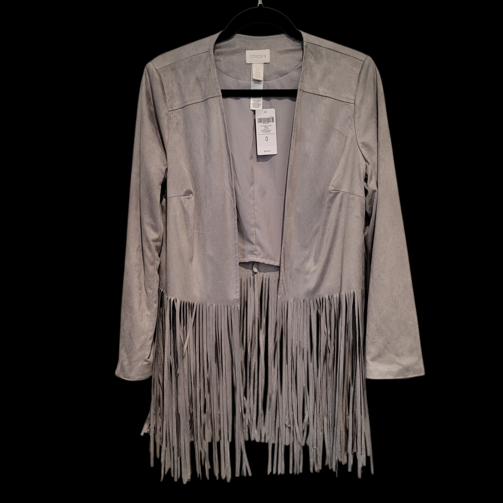 Chico's Light Gray Suede-Fringe Open Blazer SZ 0 NWT $159 original price!